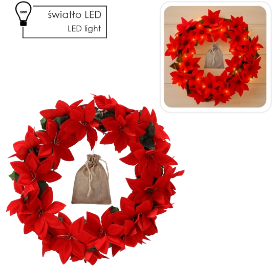 Coroană de Crăciun cu poinsettia și iluminare LED, 40 cm