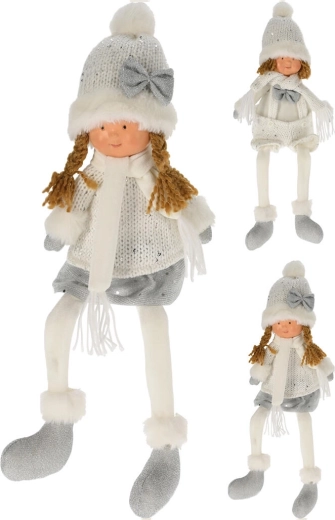 Păpușă decorativă de iarnă cu picioare lungi 45 cm – alb/argintiu