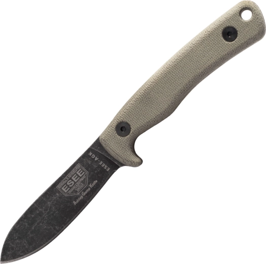 Cuțit de vânătoare ESEE AGK, 9 cm, Black Stonewash, Micarta gri, teacă din piele