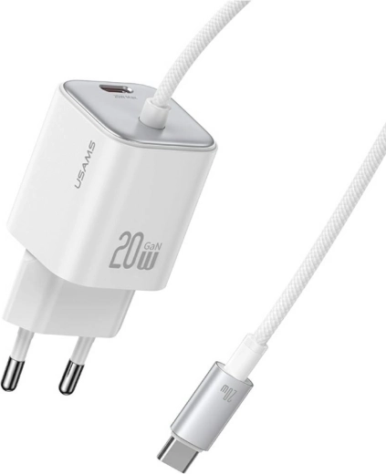 USAMS seria JC încărcător mini GaN 20 W 2× USB-C cu cablu USB-C integrat, alb