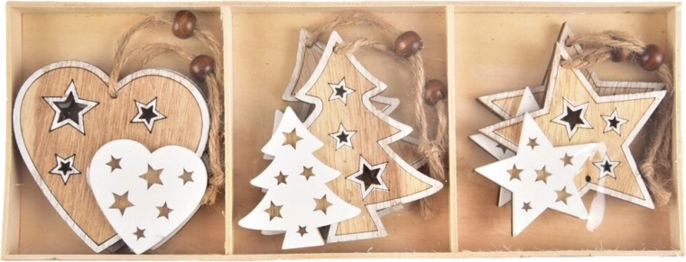 Ornament suspendat din lemn maro-alb 8 cm (6 buc.)