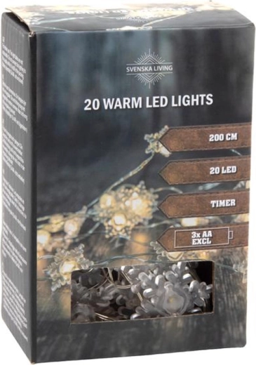 Șir luminos cu temporizator, 20 LED fulgi, 200 cm