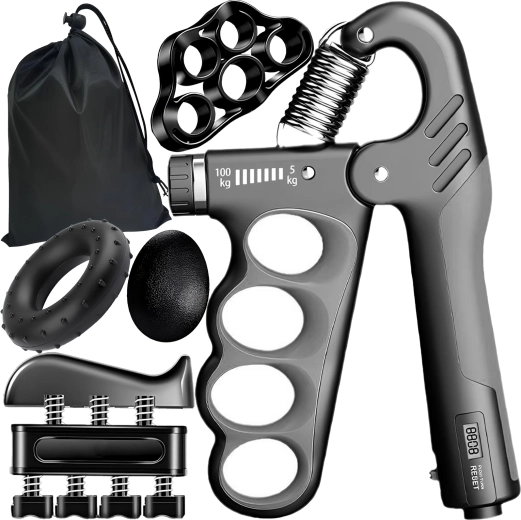 RENEW FORCE set de întăritoare pentru strângerea mâinii 6-în-1 cu rezistență reglabilă 5–100 kg, contor și husă (gri)