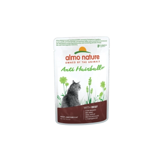 Plic Almo Nature Anti‑Hairball pentru pisici cu vită, 70 g