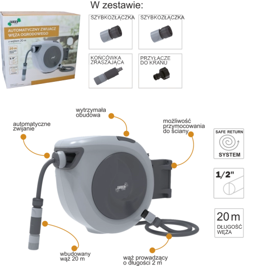 Rewinder automat de furtun de grădină, montaj pe perete, 20 m