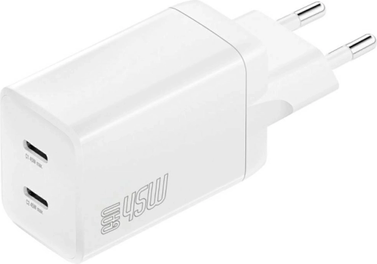 Încărcător de rețea 4smarts PDPlug Dual 45W GaN, 2× USB‑C, alb