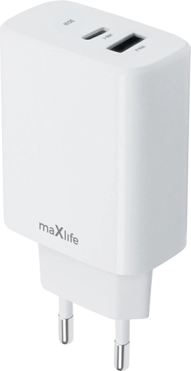 Încărcător de priză MAXLIFE 30 W cu USB‑C PD și USB‑A QC, alb