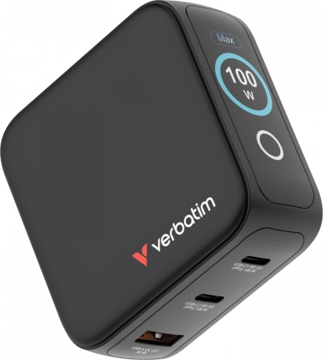 Încărcător mini GaN Verbatim 100 W cu ecran TFT inteligent, 2× USB-C + USB-A, adaptoare EU/UK/USA