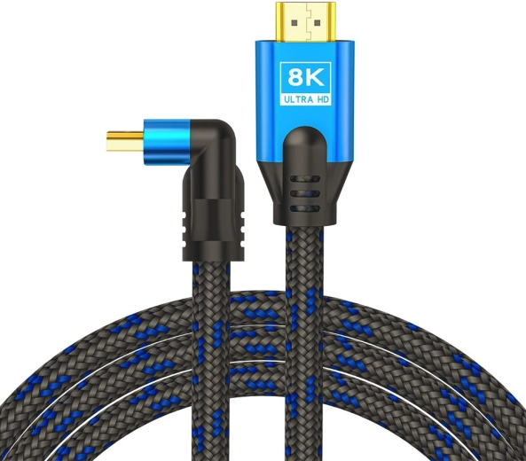 Cablu HDMI v2.1 unghiular 1,8 m 8K Ethernet conectori placați cu aur 24k albastru-negru