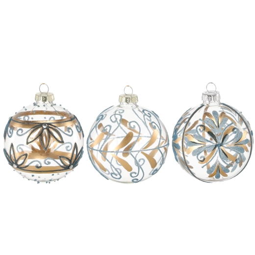 Globuri de Crăciun din sticlă albastru‑auriu 8 cm, set 12 buc