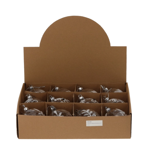 Glob de Crăciun din sticlă 8 cm transparent, mix de modele (pachet 12 buc)