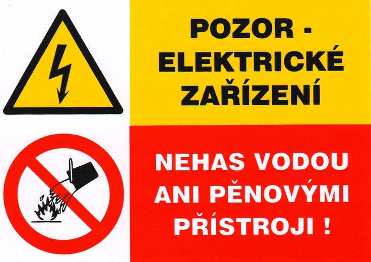 Etichetă de siguranță autoadezivă – Atenție echipament electric, nu stingeți cu apă sau cu aparate cu spumă (105 × 74 mm)