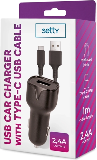 Setty încărcător auto 1× USB 2,4 A negru + cablu USB‑C 1 m
