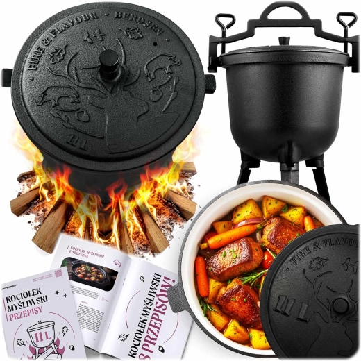 Ceaun din fontă emailată pentru foc 11 l cu capac și trepied