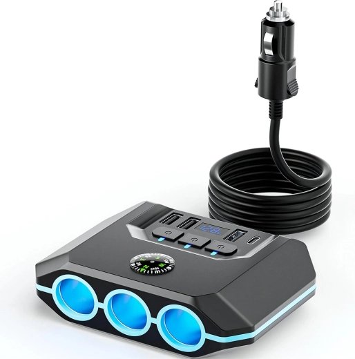 Splitter pentru priza de brichetă auto RENEW FORCE 120 W cu încărcare rapidă (3× priză, 3× USB QC 3.0, USB-C PD) - 1 bucată