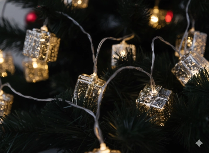 Șir luminos LED cu cadouri argintii, alb cald, 10 LED-uri