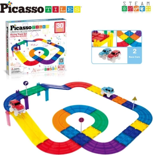 PicassoTiles set de construcție magnetic – pistă de curse cu mașinuțe (30 piese)