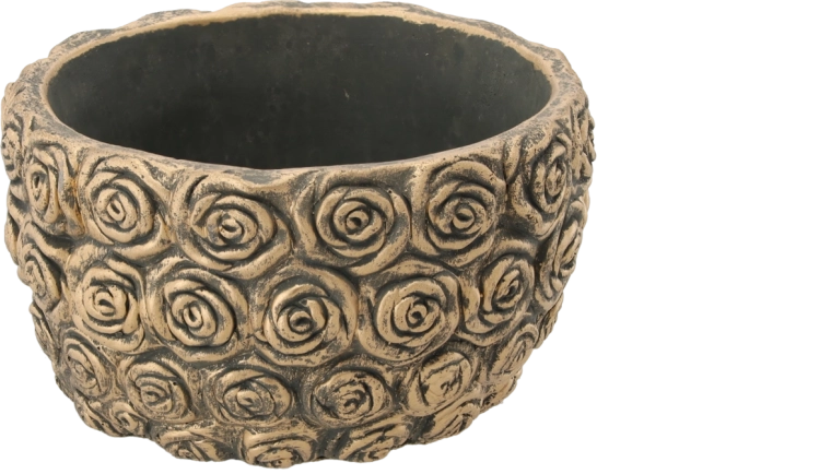 Ghiveci din ciment cu relief de trandafiri, finisaj auriu, 18 × 18 × 10,5 cm