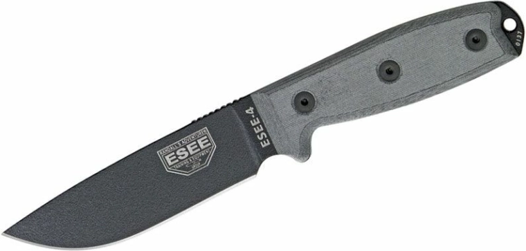 Cuțit universal ESEE 4 cu lamă de 11,4 cm, Micarta, negru/gri, teacă MOLLE