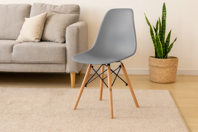 Scaun de masă modern gri pe picioare din lemn