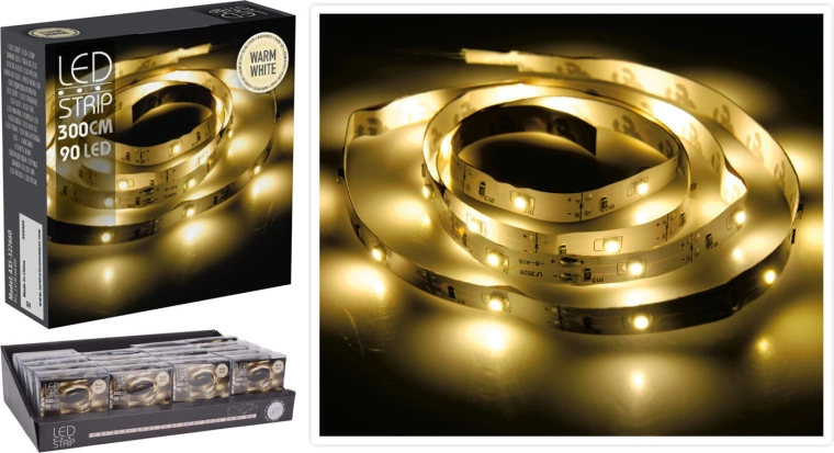 Bandă luminoasă LED 3 m, 90 LED, alb cald, pe baterii