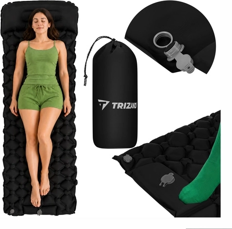 Saltea turistică autogonflabilă pentru 1 persoană Trizand 190 × 60 cm cu pompă de picior și husă