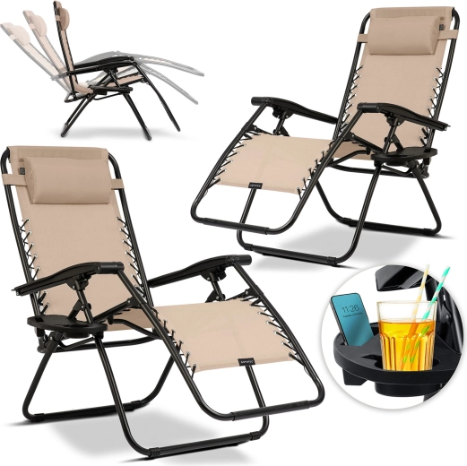 Șezlonguri de grădină pliabile cu pernă Sofotel ChillWell, set 2 buc, bej