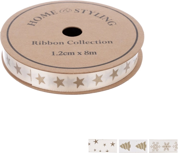Home Styling panglică decorativă de Crăciun bej cu imprimeu auriu 1,2 cm x 8 m