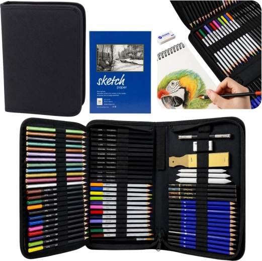 Set artistic pentru desen și schițare în husă, 74 buc.
