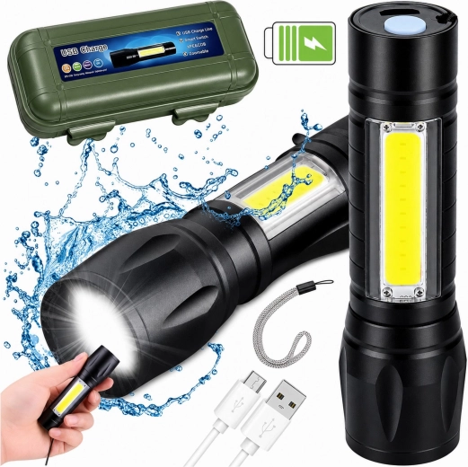 Lanternă LED tactică COB cu încărcare USB, zoom și husă