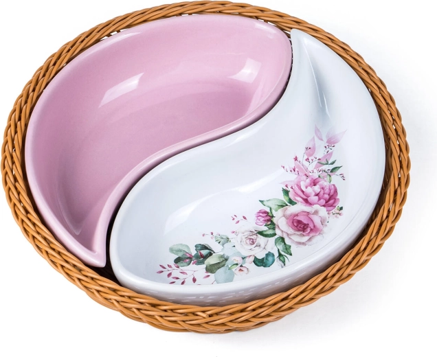 Set de boluri ceramice în coș împletit ROSE 20,5 cm