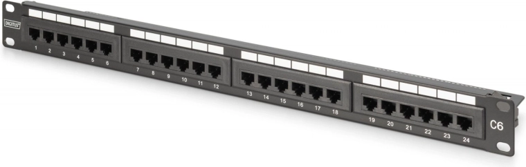 Patch panel 19" 24× RJ45 Cat 6, ne-ecranat, 1U, LSA, ghidare cabluri, câmpuri de etichetare, negru