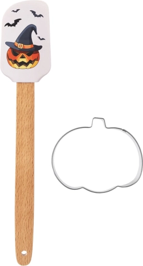 Spatulă de bucătărie din silicon de Halloween cu mâner din lemn și formă de decupat dovleac