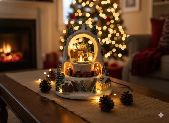 Căsuță de iarnă LED de Crăciun cu trenuleț, cutie muzicală 23 × 23 × 25,5 cm