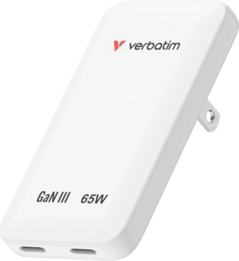 Încărcător Verbatim Essentials slim GaN 65 W, 2× USB-C, alb (US/UK/EU)