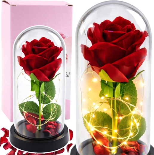 Trandafir etern din cristal sub cupolă cu iluminare LED – Roșu cu petale