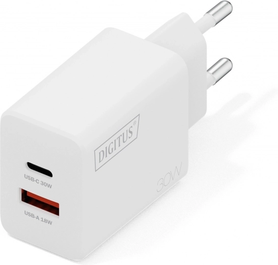 Încărcător USB GaN de rețea 30 W, 1× USB‑C și 1× USB‑A, alb