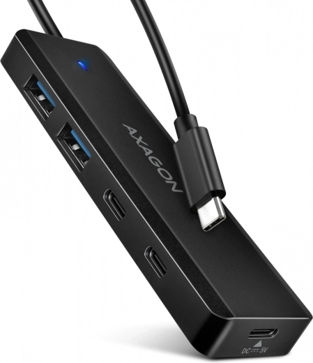 Hub USB‑C de călătorie AXAGON cu 4 porturi 5Gbps (2× USB‑A, 2× USB‑C), cu alimentare USB‑C și cablu de 19 cm