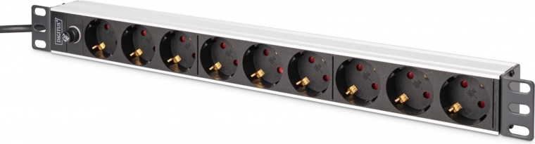 PDU bară de distribuție pentru rack 19" cu siguranță, 9x Schuko (45°), cablu 2 m cu IEC C14, 10 A, aluminiu