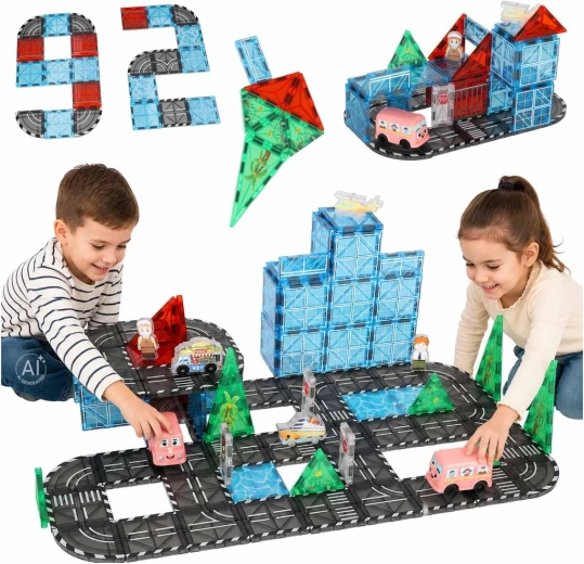 Cuburi de construcție magnetice 3D oraș cu mașinuțe – 91 de piese