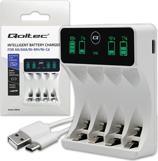 Încărcător pentru acumulatori Ni‑MH AA/AAA cu LCD și cablu USB‑C, alb