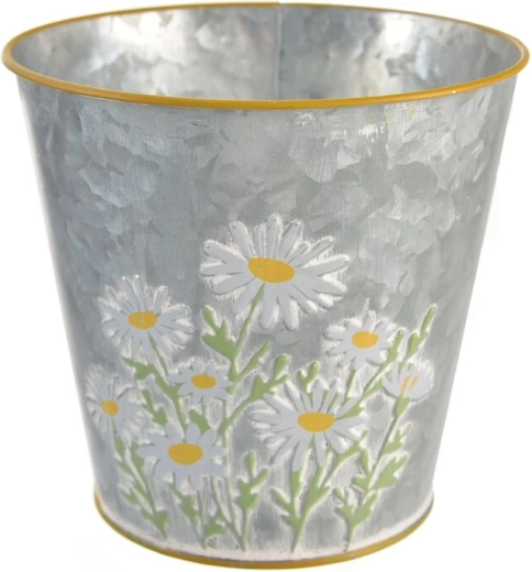 Ghiveci decorativ din tablă cu motiv de margaretă, gri