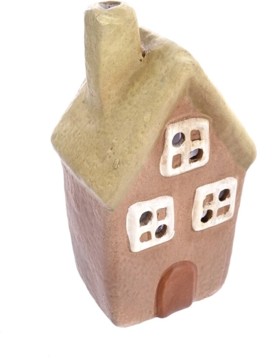 Sfeșnic ceramic în formă de căsuță bej-verde 14 cm