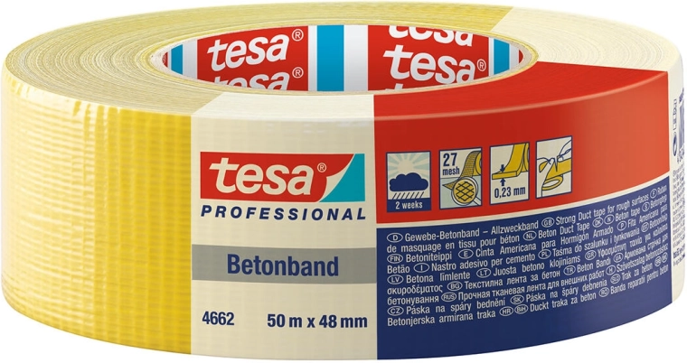 Bandă textilă TESA Betonband 48 mm × 50 m galbenă, extra adezivă, rezistentă la UV 2 săptămâni