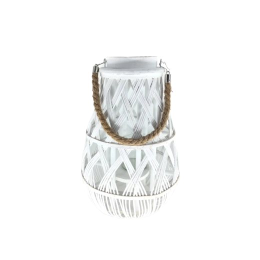 Lampion alb împletit cu inserție de sticlă 24 × 55 cm