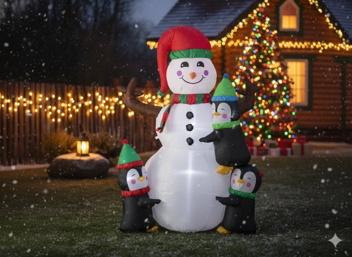 Om de zăpadă gonflabil cu pinguini, cu iluminare LED, 190 cm
