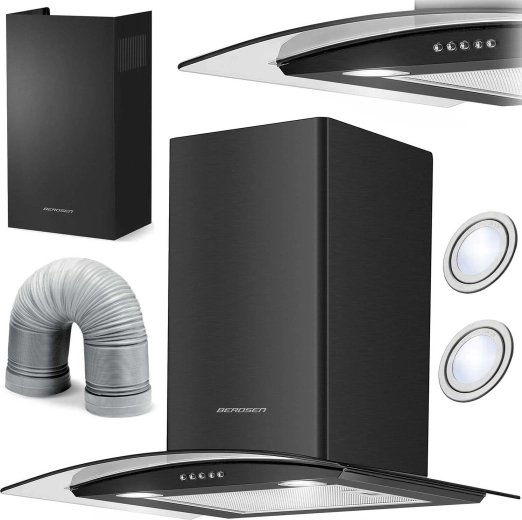 Hota tip șemineu 60 cm BERDSEN BT-201, sticlă neagră și inox