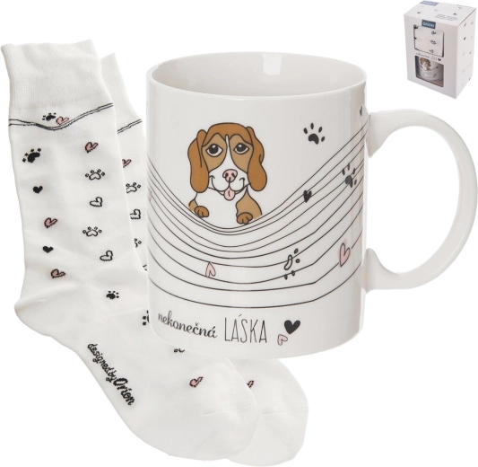 Set cadou: cană ceramică „Dragoste infinită” 350 ml și șosete cu motiv de câine