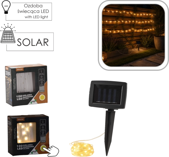 Ghirlandă luminoasă LED solară pe fir, 100 LED-uri, alb cald, 11,9 m