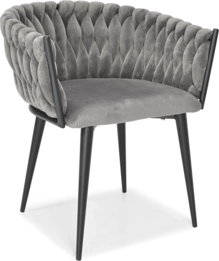 Scaun tapițat din catifea pentru sufragerie și living, velur gri, picioare metalice negre